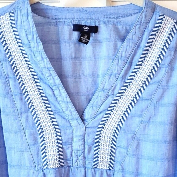 GAP LIGHT COTTON TUNIC TOP BLUE LARGE BOJO AIRY GAUZY BEACHY PREPPY COASTAL - Picture 3 of 8